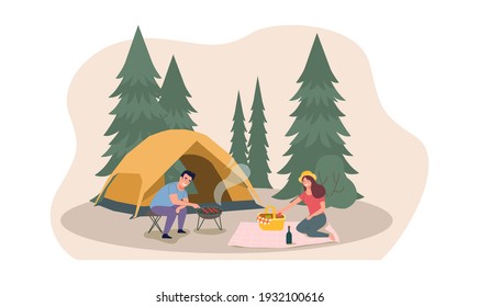 A Man And A Woman Are Relaxing In Nature In A Tent Camp. Vector Flat Style Illustration.