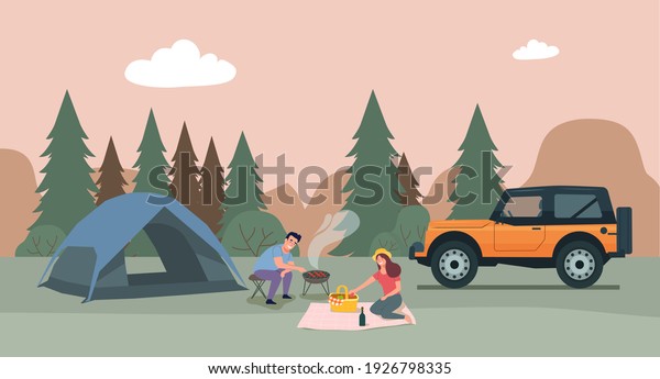 A man and a woman are relaxing in\
nature in a tent camp. Vector flat style\
illustration.