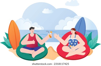 Man And Woman Relaxing On The Beach Illustration