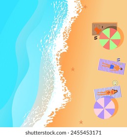 Hombre y mujer relajándose en la playa tropical del mar vista superior. Ilustración vectorial de la línea de mar con espuma y olas que corren sobre la arena cerca de tumbonas y sombrillas