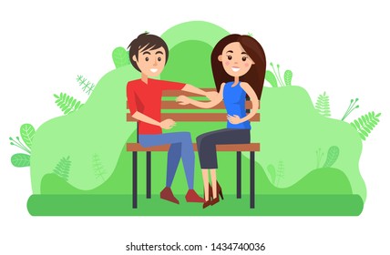 Man and woman relaxing in park vector, couple sitting in park. Positive characters hugging, date of boyfriend and girlfriend cuddling people flat style, dating in park