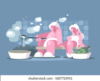 Man and woman relaxing in sauna. Healthy lifestyle vector illustration