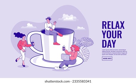 Man and woman relaxing,  talking and drinking coffee. Coffee break concept. Businessman office worker character sitting in coffee cup. enjoy free time. Take away business. flat outline vector.