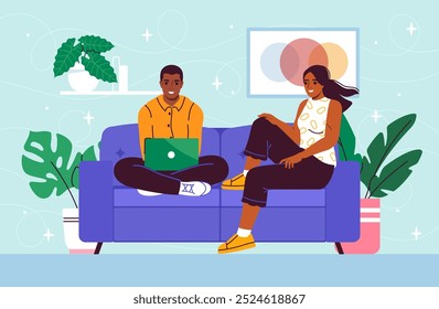 Homem e mulher com trabalho remoto. Jovem rapaz e menina com laptop trabalhando na Internet. Pessoas com ganhos online. Freelancers com computador. Ilustração de vetor plano isolada no plano de fundo verde