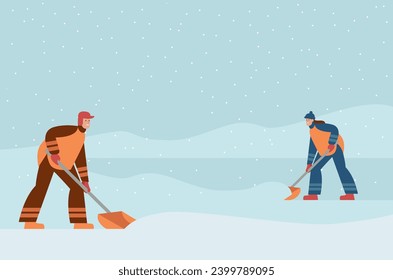 Man and woman removing snow with shovels. Workers in uniform cleaning city street after snowstorm. Flat vector illustration with copy space