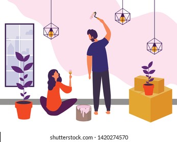 Man and woman repairing a wall in home. Family colours they first flat. Vector illustration in modern style. Flat desing.