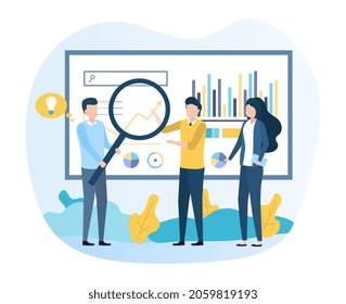 Man and woman research. Characters look through magnifying glass at presentation. Analytical department, graphs and diagrams, loupe. Cartoon flat vector illustration isolated on white background