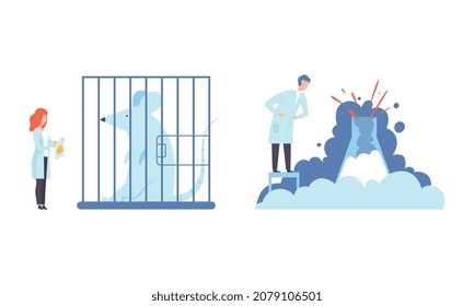 Man and Woman Research Scientist in Laboratory Coat Conducting Experiment with Chemical in Flask and Rat in Cage Vector Set