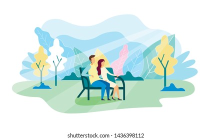 Man and Woman Rest in Artificial Park Illustration. People Sitting on Bench between Vector Flat Trees. Beautiful Nature and Growing Plants in Greenhouse Cartoon. Gardening Project and Landscape Design