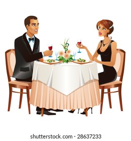 Man and woman in restaurant. Beige, black and white colors. Vector file.