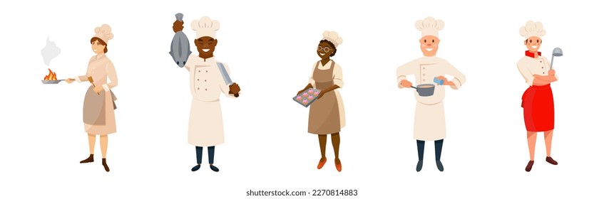 Man and Woman Restaurant Chef in Toque Cooking Meal Vector Set