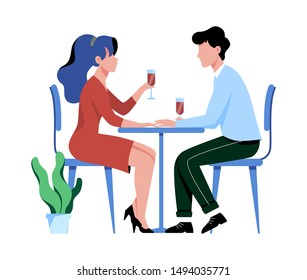 Man and woman in restaurant on the romantic date. Couple in love. People sitting at the table with a glass of wine. Romance relationship. Isolated flat vector illustration