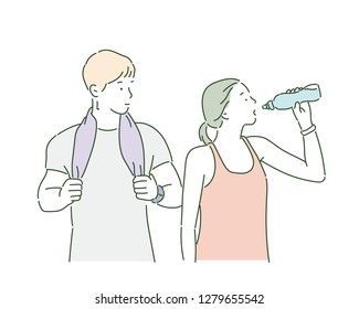 Man and woman resting after exercise. A woman is drinking water. hand drawn style vector design illustrations.
