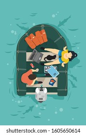 Man and woman resting in the boat. Vector illustration.