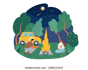 Man and woman are resting at night in the forest near the fire. Travelling by car. Flat vector illustration on white background.