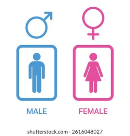 Man and woman restroom icons with gender symbols, black silhouette glyphs on white background. Minimal vector sign for toilet, bathroom UI, and public signage.