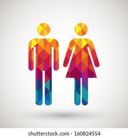 man & woman restroom sign with colorful diamond, vector illustration.