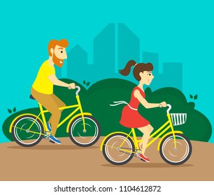 A man and a woman ride bicycles in a city park. Vector illustration.