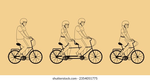 Man and woman ride bicycles. Male and female persons in outline style.
