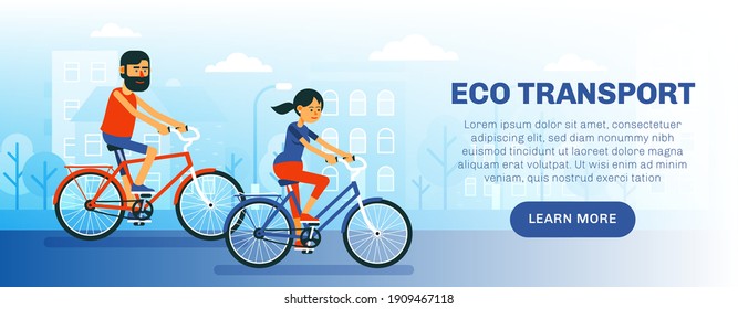 Man and woman ride bicycles on the city background. Eco transport flyer. People cyclists. Vector cartoon illustration.