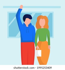 A man and a woman ride the bus to work. Vector illustration
