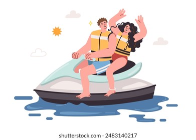 Man and woman ride jet ski, spending summer holidays together, having fun in free time at sea. Jet ski trip for young couple enjoying active weekend at southern resort with ocean and attractions