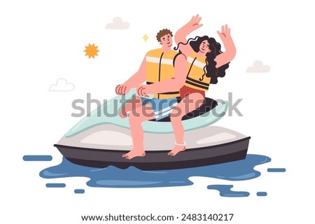 Man and woman ride jet ski, spending summer holidays together, having fun in free time at sea. Jet ski trip for young couple enjoying active weekend at southern resort with ocean and attractions