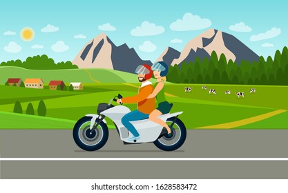 Man and woman ride a motorcycle against the backdrop of a countryside landscape with cows. Vector flat style illustration.