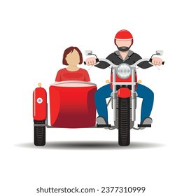 Un hombre y una mujer conducen una motocicleta con una sidecar, vista frontal. Libertad de viajar. Vector.