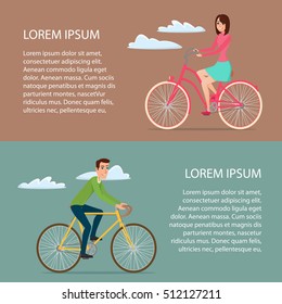Man and woman ride on bicycle. Cartoon poster vector illustration. Banners set for your web design in business style. Template for your text.