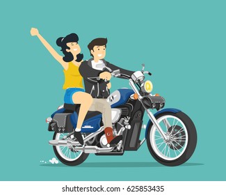 Man and woman ride on motorcycle. Vector illustration.