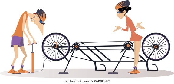 Man and woman ride on tandem bike. Broken tandem bike. 
Cyclist woman stands near cyclist man who inflating the wheel on the tandem bike. Sportsperson repairs the bicycle
