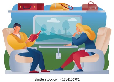 Man and woman ride a train together, they are sitting in armchairs and a shelf above them with their suitcases and bag. A landscape is visible in the window, a man is reading, a woman is looking out.