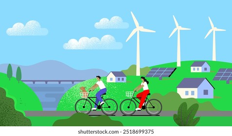 man and woman rides bicycle through landscape on a sunny day. Vector flat