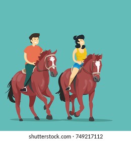 Man and woman rides on horses. Vector illustration.