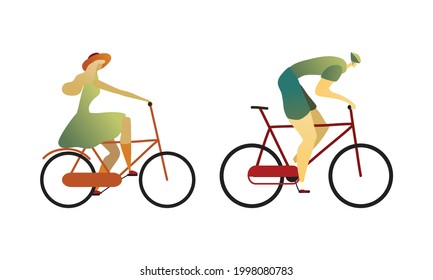 Man and Woman Riding Bicycle Enjoying Vacation or Weekend Activity Vector Set