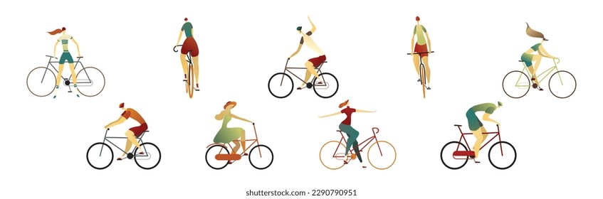 Man and Woman Riding Bicycle Enjoying Vacation or Weekend Activity Vector Set