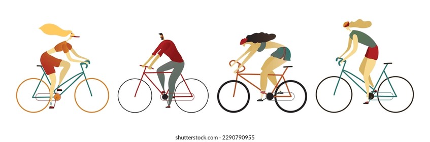 Man and Woman Riding Bicycle Enjoying Vacation or Weekend Activity Vector Set