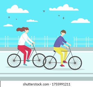 Man and woman riding bicycle. Healthy Lifestyle. Vector Illustration.
