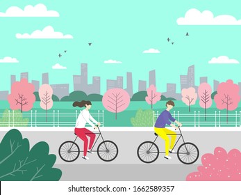 Man and woman riding bicycle in the park on the background of the city landscape. Healthy Lifestyle. Vector Illustration.