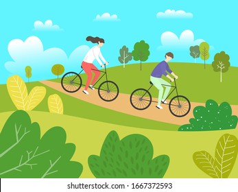 Man and woman riding bicycle in the park. Healthy Lifestyle. Vector Illustration.