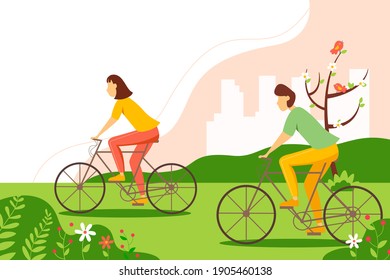 Man and woman riding a bicycle in the park. Spring vector illustration in flat style.