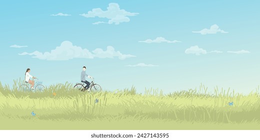 Man and woman riding bicycle together with nature landscape spring season flat design vector illustration have blank space.