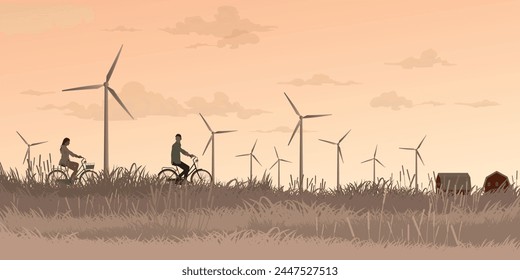 Man and woman riding bicycle together in countryside fields with wind turbines and vanilla sky background flat design vector illustration. Sustainable renewable green energy concept. 