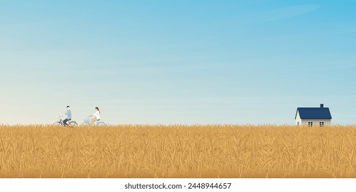 Man and woman riding bicycle together in wheat field have country house and blue sky background vector illustration.