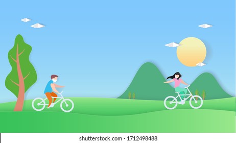 Man and woman are riding bicycles in field by keeping social distance to prevent COVID-19 virus illustration vector.
