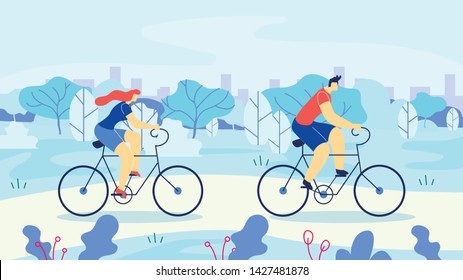 Man and Woman Riding Bicycles Out Town Cartoon. Athletic Man and Woman Riding Bike on Background Tree, Cartoon Flat. Married Couple in Sportswear Cycling in Nature. Vector Illustration.