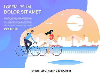 Man and woman riding bicycles, sun, cityscape and sample text. Tourism, activity, leisure concept. Presentation slide template. Vector illustration can be used for topics like summer, holiday, sport