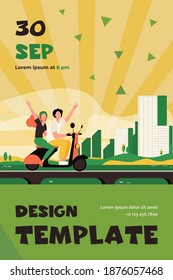 Man and woman riding bike in city. Bridge, building, skyscrapers. Flat vector illustration. Travelling concept can be used for presentations, banner, website design, landing web page
