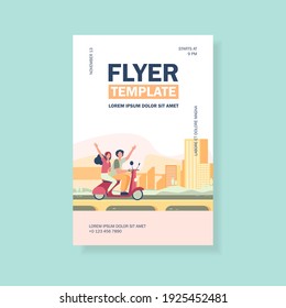 Man and woman riding bike in city. Bridge, building, skyscrapers. Flat vector illustration. Travelling concept can be used for presentations, banner, website design, landing web page